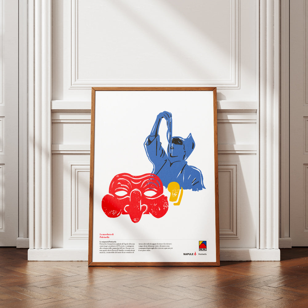Poster Pulcinella napoletano in stile grafico moderno, illustrazione artistica contemporanea ispirata alla maschera tradizionale di Napoli stampa decorativa di design italiano.