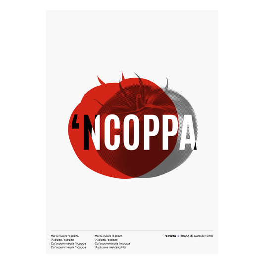 Poster A Pummarol Napoli design tipografico moderno con pomodoro, arte contemporanea italiana per arredamento casa e cucina. 