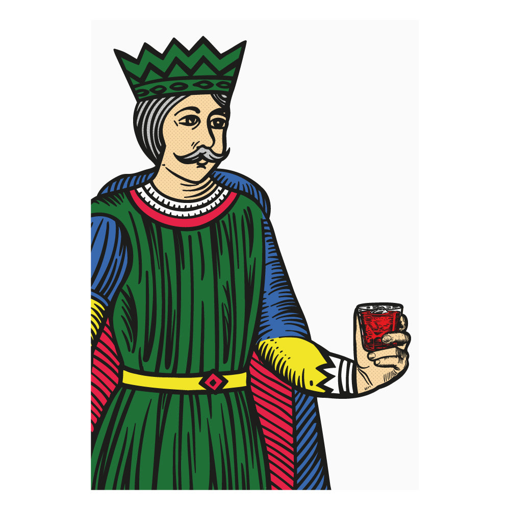 Poster artistico ispirato al Re di Bastoni delle carte napoletane Modiano figura tradizionale rivisitata in stile moderno mentre tiene un bicchiere di Negroni design grafico pop su fondo chiaro.