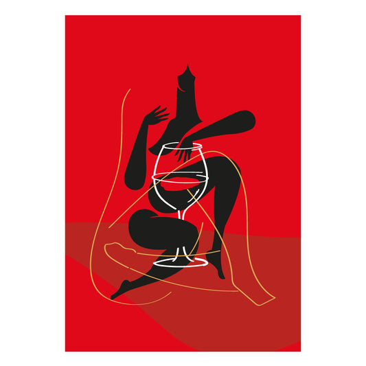 Poster Red Wine Woman con silhouette femminile astratta nera e grande bicchiere di vino bianco su sfondo rosso intenso, illustrazione minimal e decorativa per soggiorno o enoteca.