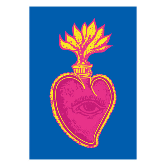 Poster artistico moderno con cuore sacro stilizzato in colori pop rosa e giallo su sfondo blu  stampa decorativa ispirata alla tradizione napoletana e alla pop art contemporanea, ideale per decorazione parete e design d interni