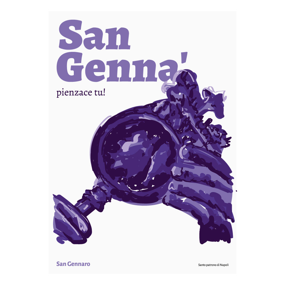Il poster artistico di San Gennaro, santo patrono di Napoli, raffigura in stile pittorico contemporaneo l iconico momento in cui il vescovo regge l ampolla contenente il sangue miracoloso, legato al famoso prodigio della liquefazione. Il design, interamente in tonalita di viola su sfondo bianco, unisce tradizione e modernita, evocando la profonda devozione popolare napoletana. In evidenza, la scritta San Genna pienzace tu richiama un espressione tipica della cultura partenopea