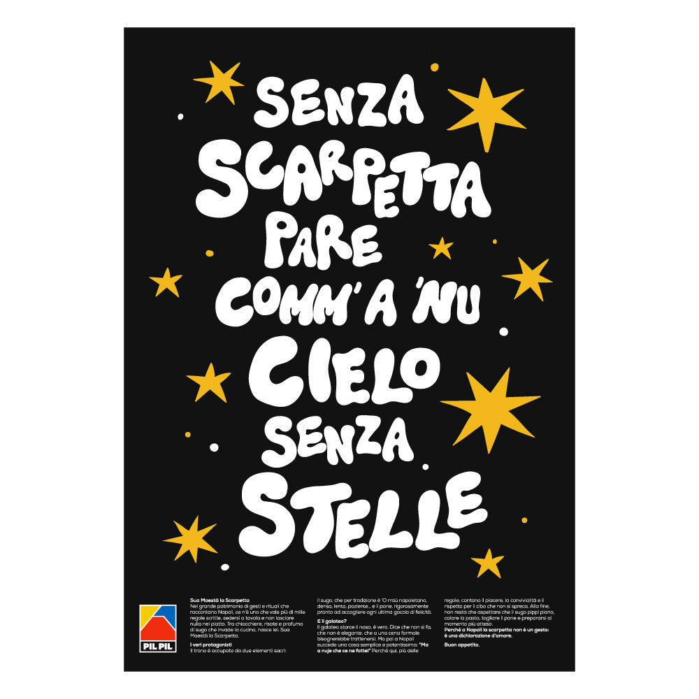 Poster tipografico napoletano con scritta Senza scarpetta pare comm a nu cielo senza stelle, lettering bianco su fondo nero con stelle grafiche gialle, design moderno ispirato alla tradizione culinaria di Napoli.