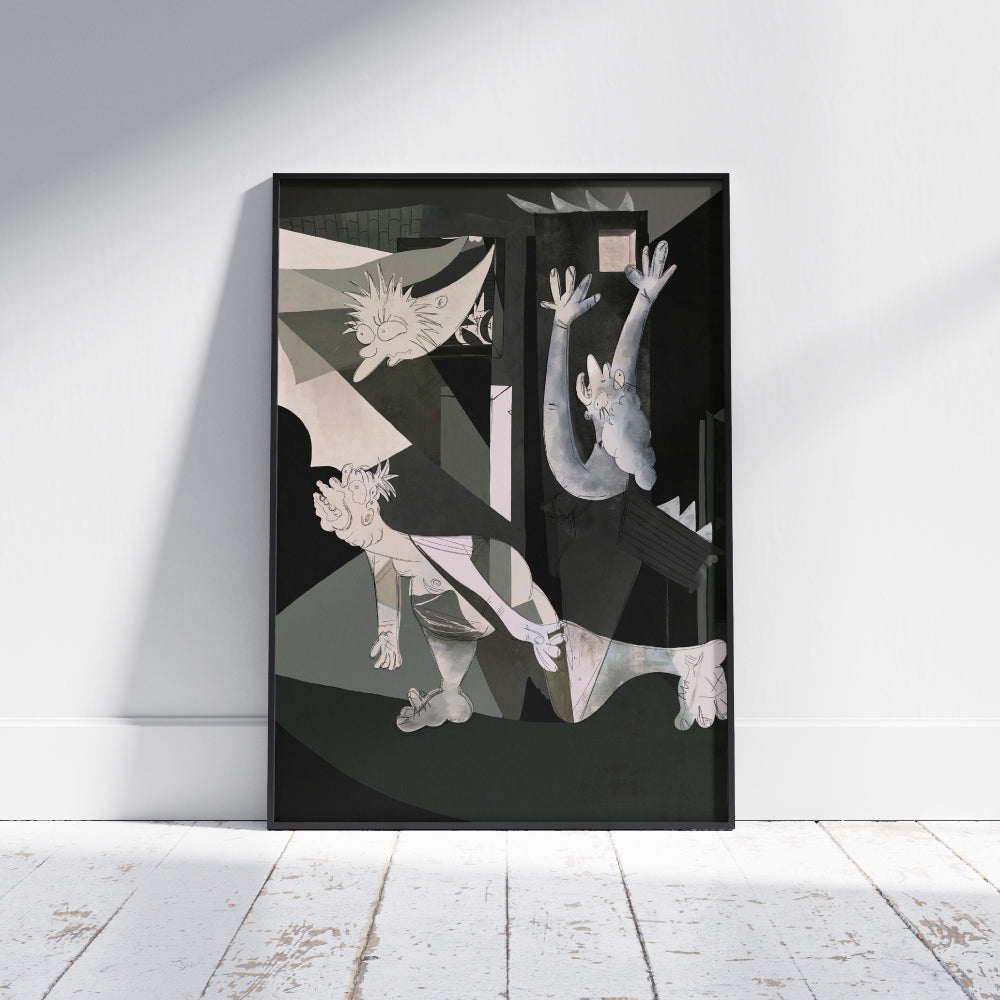 Un poster che mette in dialogo due mondi lontani solo in apparenza l arte monumentale di Picasso e l immaginario pop de I Simpson un omaggio ironico e potente alla cultura visiva contemporanea dove il dramma diventa cartoon e il linguaggio dell arte si rinnova con leggerezza e intelligenza.