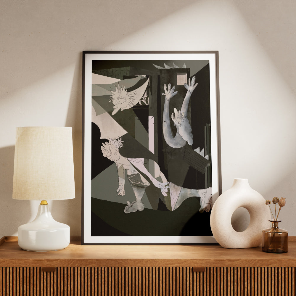 Un poster che mette in dialogo due mondi lontani solo in apparenza l arte monumentale di Picasso e l immaginario pop de I Simpson un omaggio ironico e potente alla cultura visiva contemporanea dove il dramma diventa cartoon e il linguaggio dell arte si rinnova con leggerezza e intelligenza.