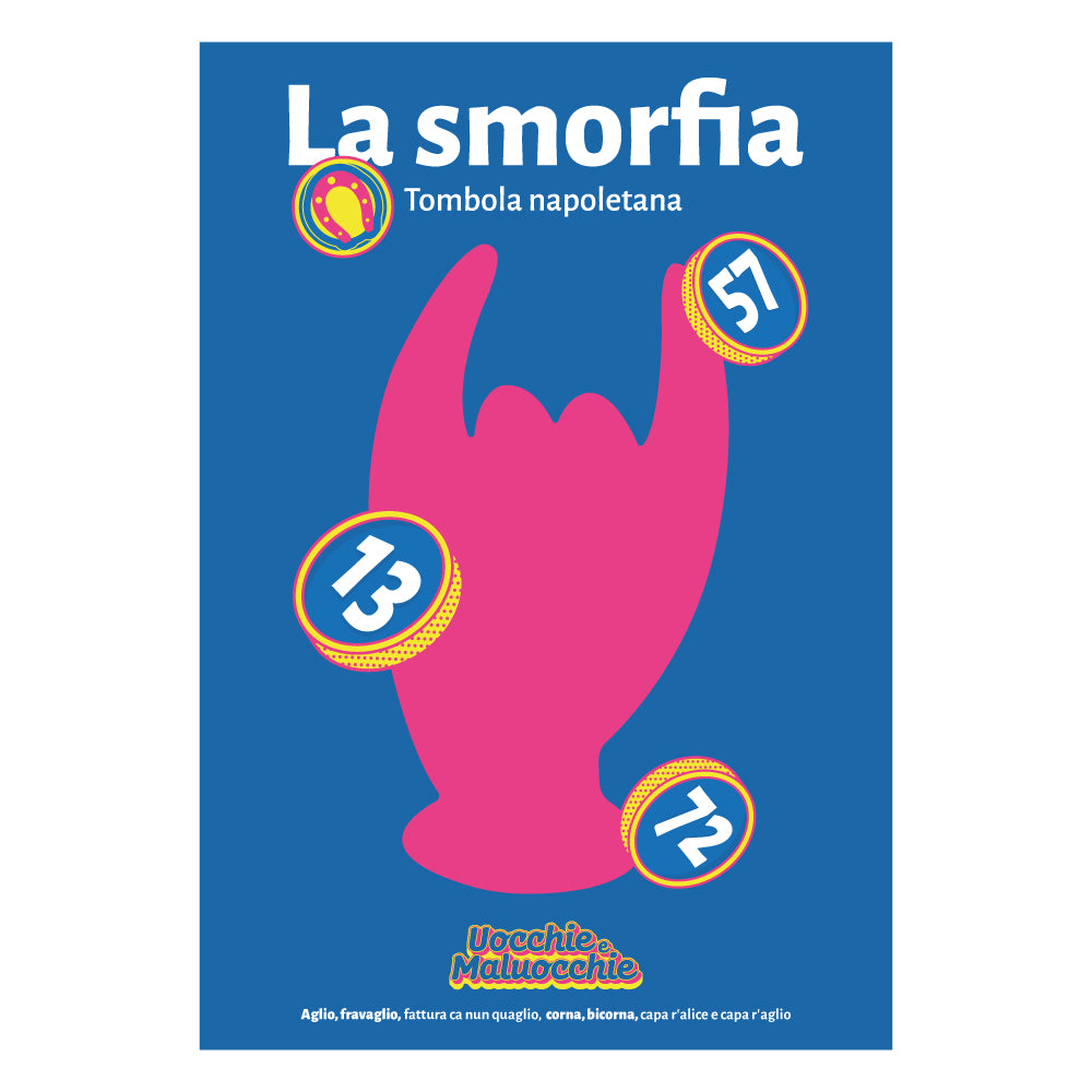 Poster colorato della Smorfia Napoletana con simbolo delle corna portafortuna e numeri 13, 57, 72, legato alla tradizione e scaramanzia di Napoli.
