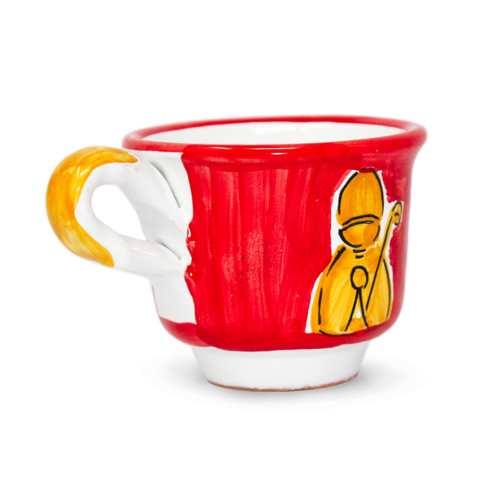 Tazzina da caffe artigianale San Gennaro dipinta a mano in ceramica di Capodimonte e terracotta di pasta rossa smaltata, Made in Italy della collezione Icone Napoletane  perfetta come regalo originale e autentico souvenir di Napoli. 