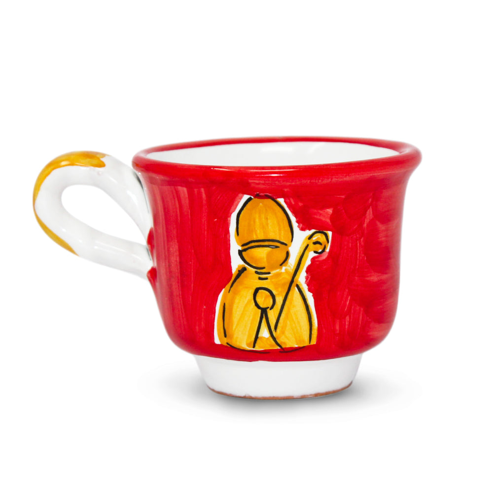 Tazzina da caffe artigianale San Gennaro dipinta a mano in ceramica di Capodimonte e terracotta di pasta rossa smaltata, Made in Italy della collezione Icone Napoletane  perfetta come regalo originale e autentico souvenir di Napoli. 