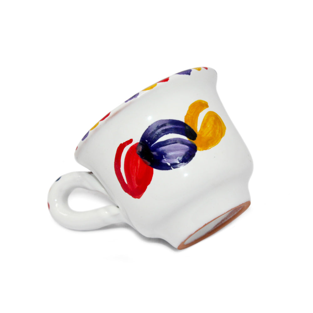 Tazzina da caffe artigianale in ceramica dipinta a mano con chicco di caffe caffettiera e tazzina espresso collezione Comme Cazz Coce di Pil Pil Design Partenopeo  Made in Italy.
