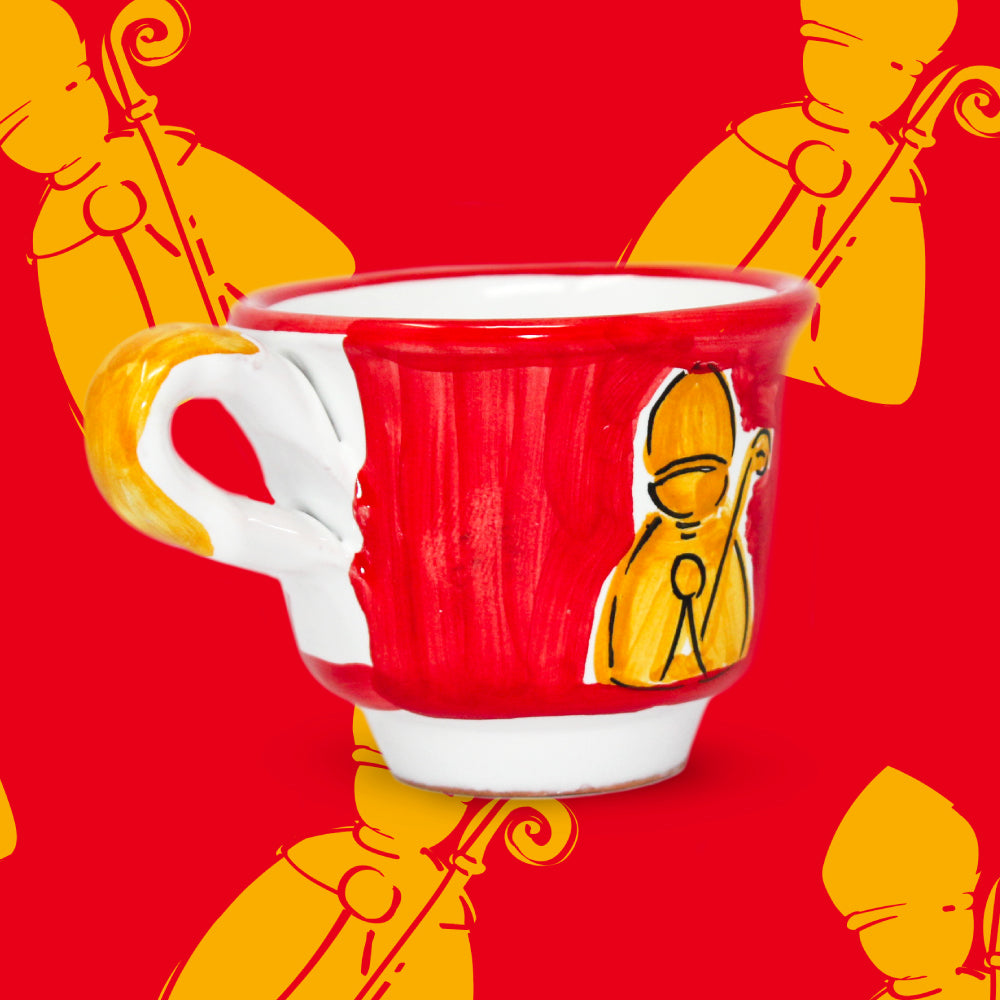 Tazzina da caffe artigianale San Gennaro dipinta a mano in ceramica di Capodimonte e terracotta di pasta rossa smaltata, Made in Italy della collezione Icone Napoletane  perfetta come regalo originale e autentico souvenir di Napoli. 