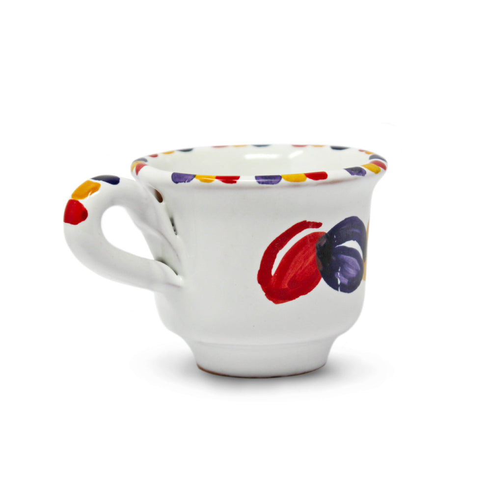 Tazzina da caffe artigianale in ceramica dipinta a mano con chicco di caffe caffettiera e tazzina espresso collezione Comme Cazz Coce di Pil Pil Design Partenopeo  Made in Italy.
