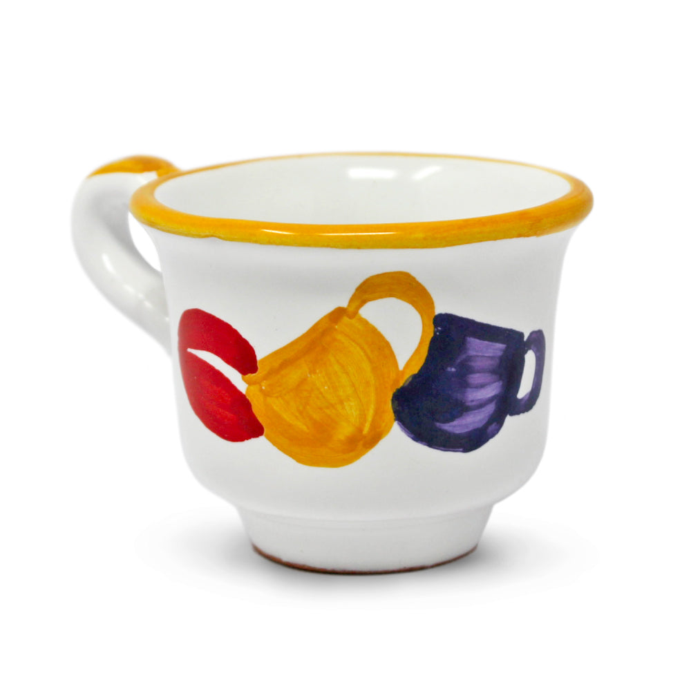 Tazzina da caffe artigianale in ceramica dipinta a mano con chicco di caffe caffettiera e tazzina espresso collezione Comme Cazz Coce di Pil Pil Design Partenopeo  Made in Italy.