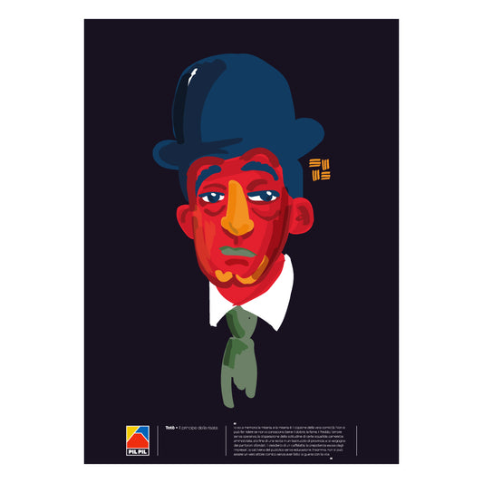 Poster artistico moderno ispirato a Toto, ritratto stilizzato con colori vivaci su sfondo scuro, bombetta blu e cravatta verde, ideale per decorazione a tema Napoli e cultura partenopea.