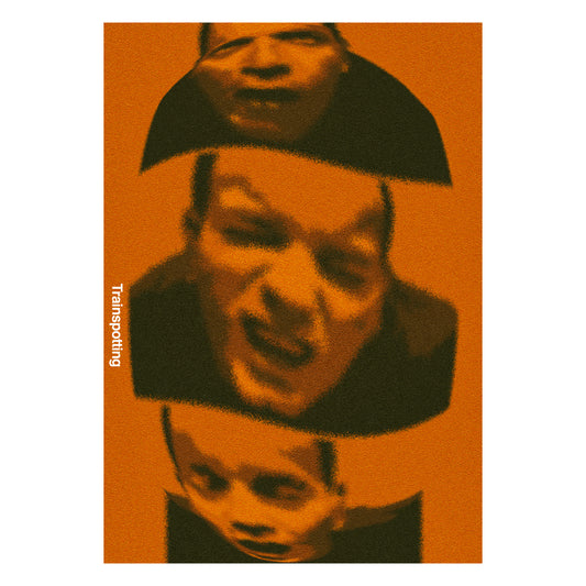 Poster grafico arancione dedicato al film Trainspotting con ritratti espressivi distorti e scritta verticale bianca stile grunge e tipografia moderna perfetto per arredamento urban o spazi creativi.