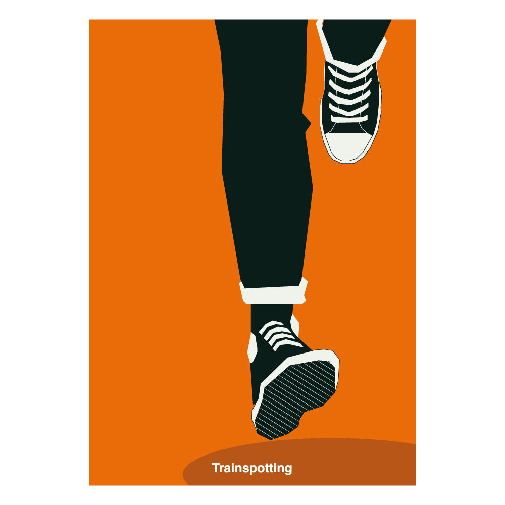 Poster minimalista ispirato a Trainspotting con illustrazione delle gambe in corsa che richiama la celebre scena iniziale del film cult di Danny Boyle. Stampa artistica moderna in stile grafico ideale per gli amanti del cinema e del design contemporaneo.