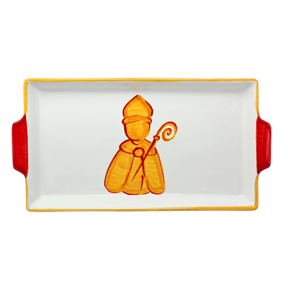 Vassoio artigianale San Gennaro in terracotta smaltata, dipinto a mano con illustrazione del santo in giallo e arancione, bordo giallo e manici rossi.