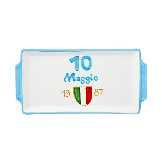 Vassoio artigianale in terracotta smaltata dipinto a mano con numero 10 e data 10 Maggio 1987 decorazione Napoli primo Scudetto complemento d arredo cucina stile ceramica napoletana Made in Naples