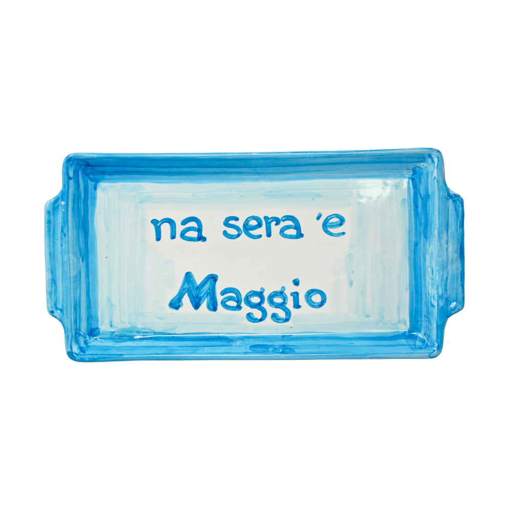 Vassoio artigianale in terracotta smaltata dipinto a mano con scritta Na sera e Maggio dedicata al primo Scudetto SSC Napoli del 10 Maggio 1987 complemento d’arredo in ceramica napoletana Made in Naples