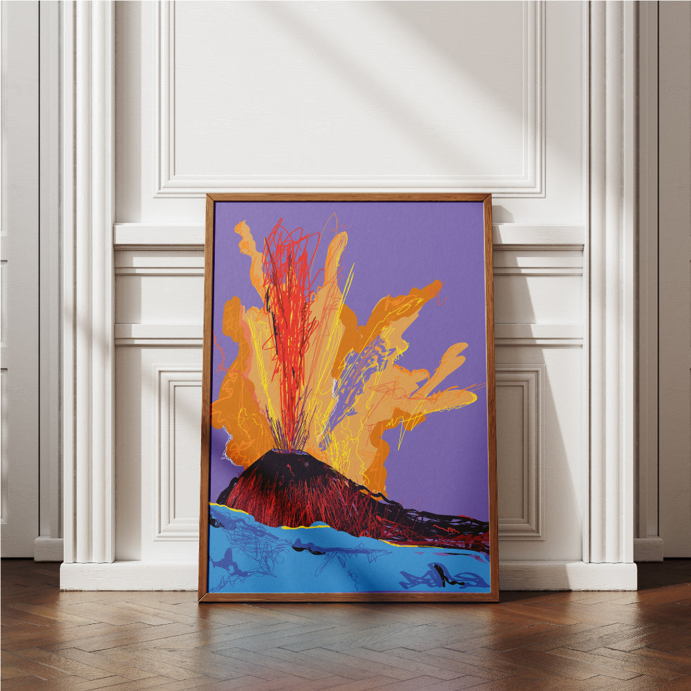 Poster Pop Art Vesuvio in eruzione, ispirato ad Andy Warhol, simbolo di Napoli e identità partenopea.