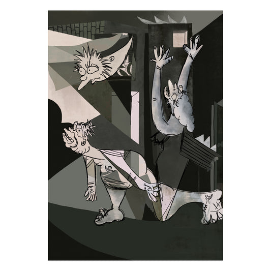 Un poster che mette in dialogo due mondi lontani solo in apparenza l arte monumentale di Picasso e l immaginario pop de I Simpson un omaggio ironico e potente alla cultura visiva contemporanea dove il dramma diventa cartoon e il linguaggio dell arte si rinnova con leggerezza e intelligenza.