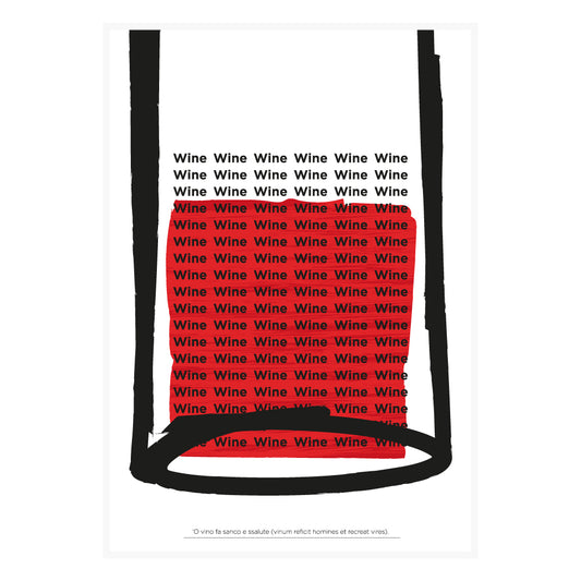 Poster tipografico moderno con bicchiere di vino stilizzato composto dalla parola Wine su sfondo bianco  ideale per arredamento cucina  salotto o wine bar.