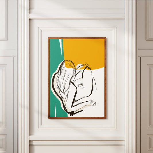 Poster minimalista con illustrazione lineare di figura femminile distesa su sfondo bianco con forme astratte verde petrolio e arancione ocra, stile moderno ed elegante ideale per arredamento contemporaneo o boho chic.