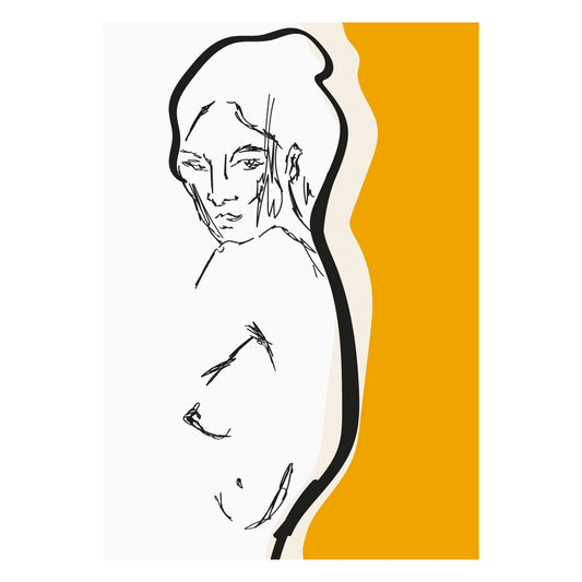 Poster minimalista con disegno lineare di figura femminile su sfondo bianco e arancione stile moderno e raffinato ideale per arredamento contemporaneo o boho chic.
