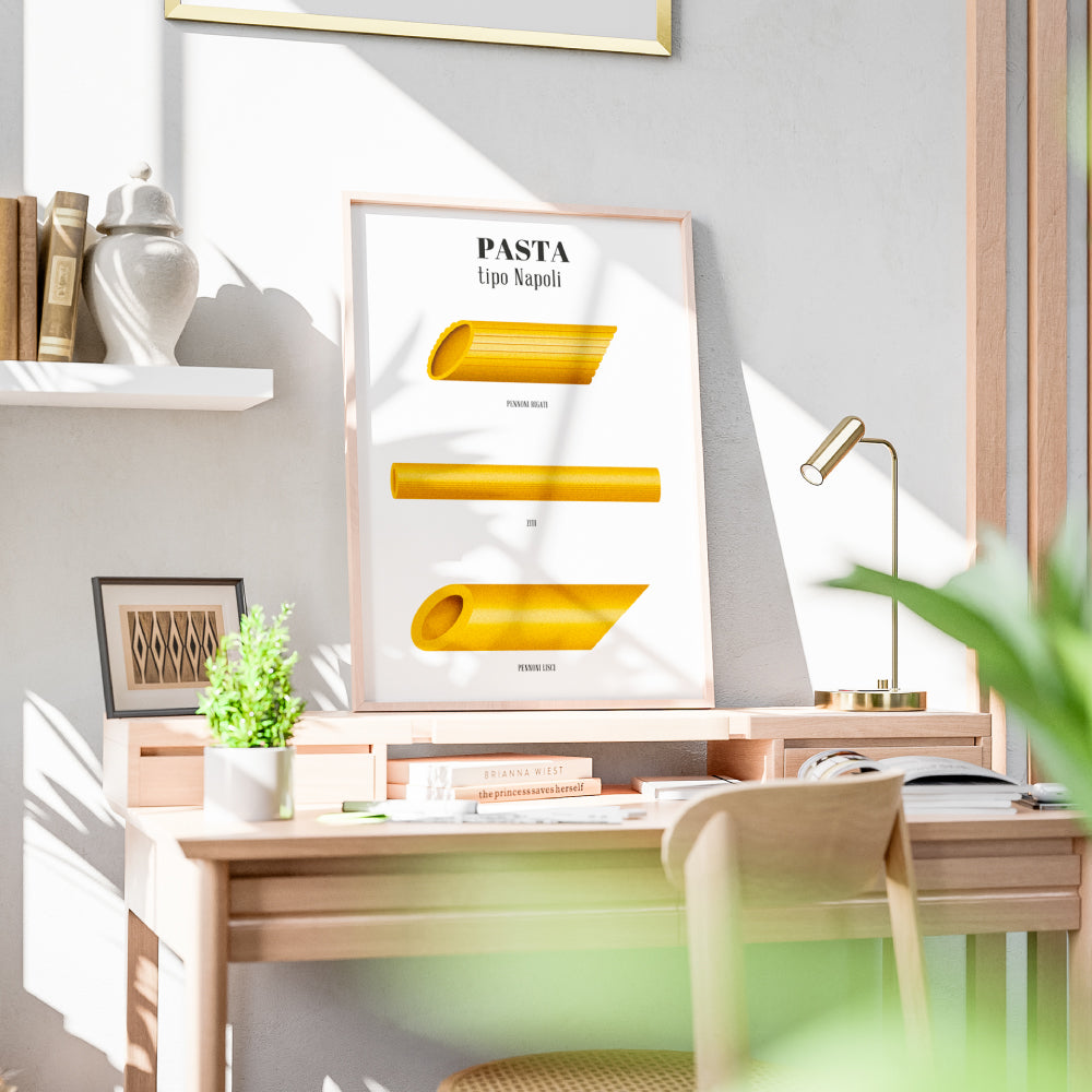 Poster illustrato Pasta tipo Napoli con pennoni rigati ziti e pennoni lisci design minimale su sfondo chiaro ispirato alla cucina napoletana