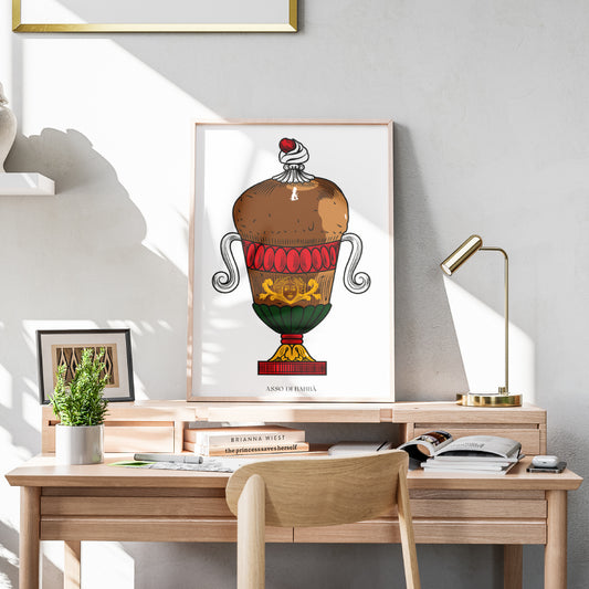 Poster tipografico su sfondo bianco che fonde l iconografia dell asso di coppe Modiano con il dolce partenopeo baba un baba a forma di coppa con manici a voluta, fascia rossa con ovali, fregi dorati e base a conchiglia verde, sormontato da panna montata e amarena, con lettering nero Asso di Babbà in stile Modiano.