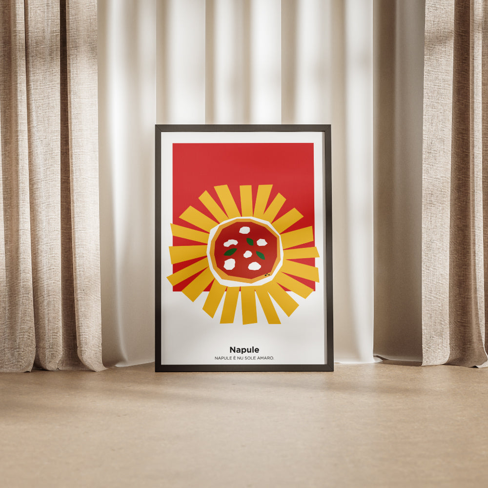 Poster grafico moderno con pizza Margherita stilizzata al centro di un sole giallo su sfondo rosso, con scritta Napule e nu sole amaro, ispirato alla cultura napoletana.