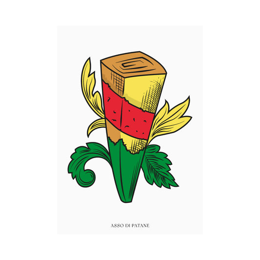 Poster tipografico su sfondo bianco che reinterpreta l Asso di Bastoni  del mazzo Modiano trasformando il bastone centrale in una patata fritta: una singola patata tagliata a spicchio, croccante e dorata, cinta da una fascia rossa al centro e affiancata da volute gialle e foglie verdi stilizzate, con lettering nero Asso di Patane in carattere tipografico Modiano.