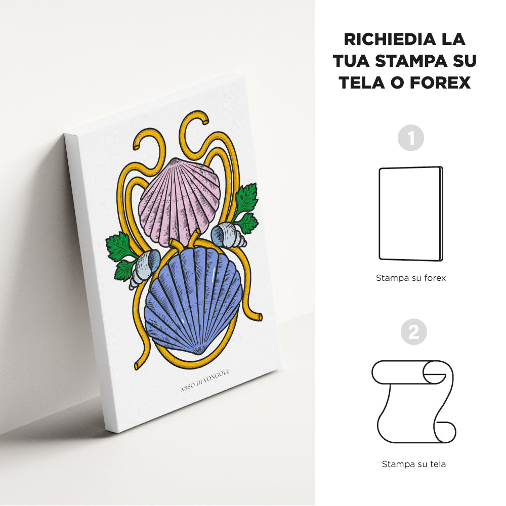 Poster tipografico su sfondo bianco che fonde la grafica di un asso di denari napoletano con la cucina partenopea: due conchiglie stilizzate (una rosa, una blu) avvolte da curve dorate a richiamare spaghetti, arricchite da foglie verdi e piccoli gusci di vongole, con lettering nero “Asso di Vongole” in stile Modiano.